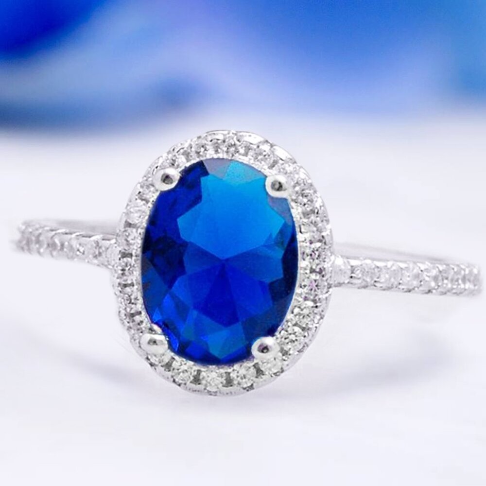 Blue Halo Oval Sapphire Ring - Women Jewelry
